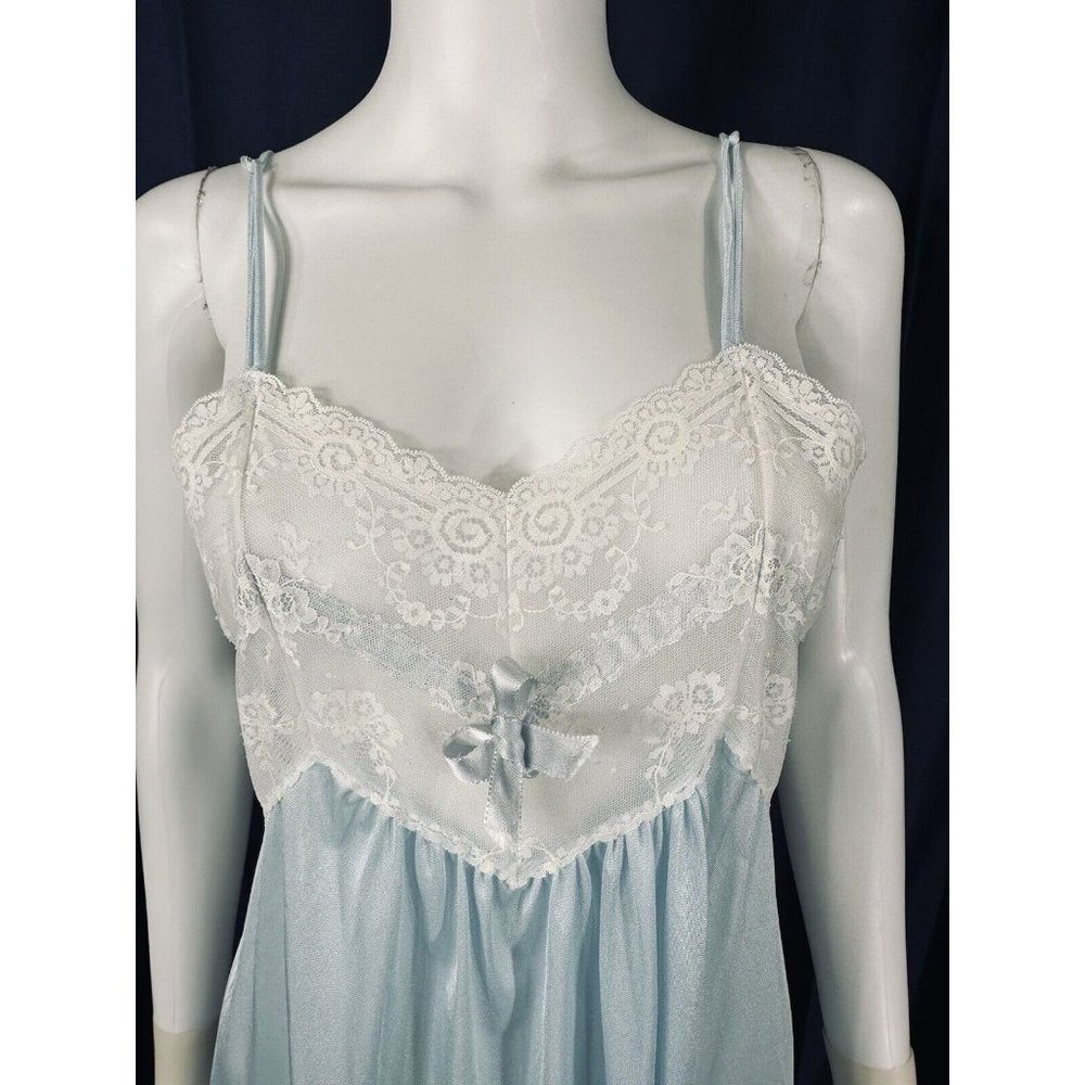 Sheer Lace Bodice Blue Silky Nylon Nightgown Dress Medium Moviestar 34” Bust